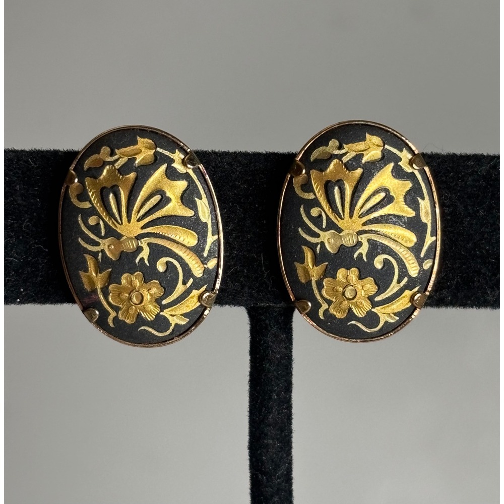 Vintage Damascene Butterfly Floral Gold Tone Stud Earrings Oval Inlay Design